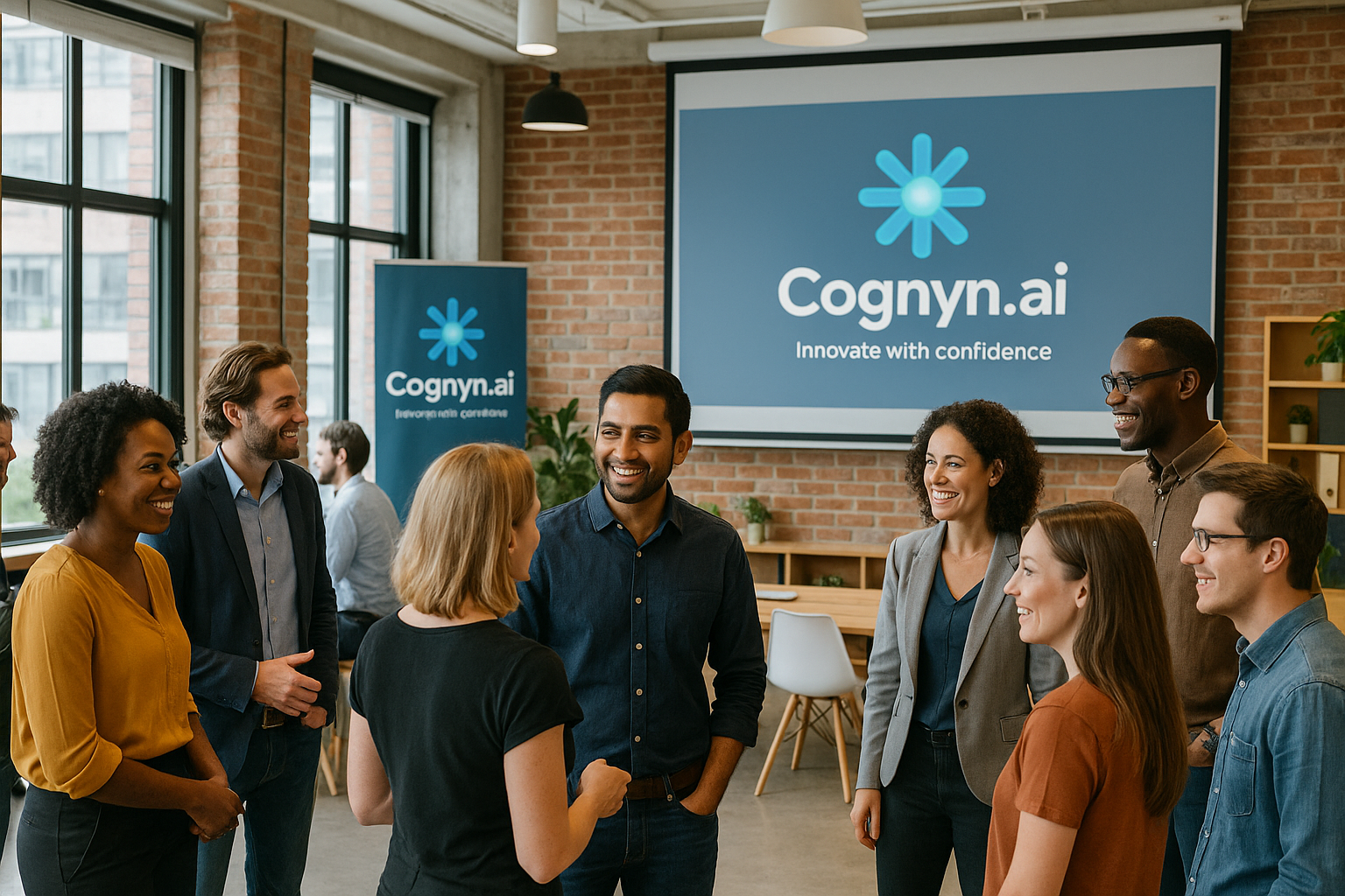 Cognyn.ai San Francisco meetup with attendees chatting in front of a presentation screen